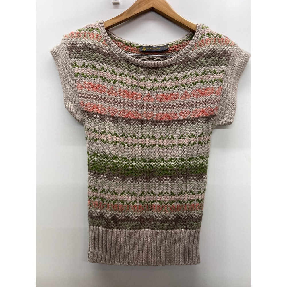 Outback Red Womens Fair Isle Short Sleeve Wool Blend Sweater Green Coral Small
